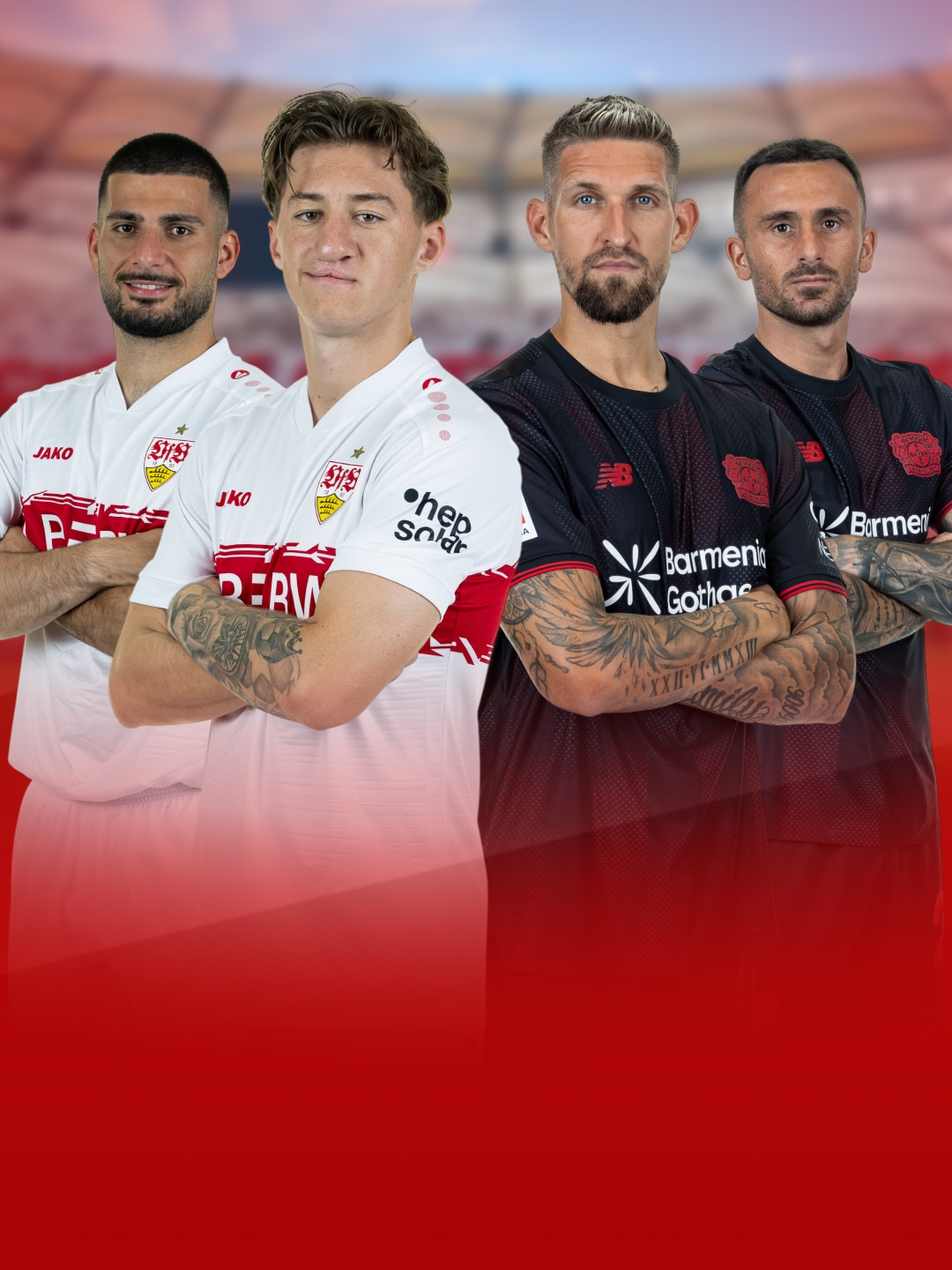 Jeweils zwei Spieler von FVfB Stuttgart und Bayer Leverkusen